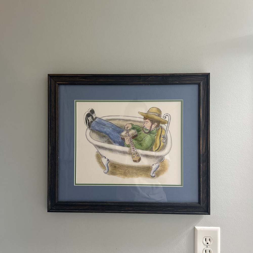 Whimsical Banjo Player in Bathtub Framed Art Print